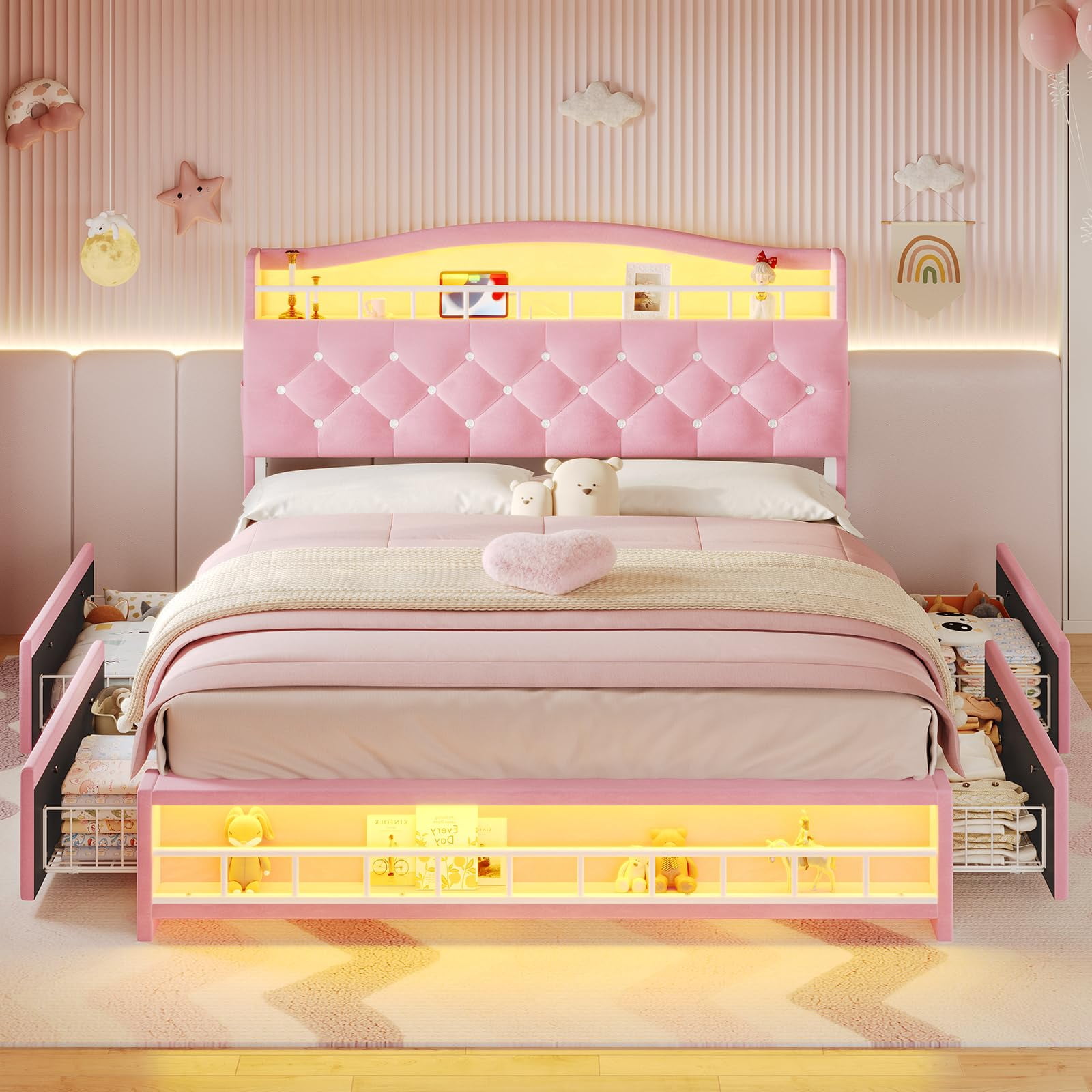 Afuhokles Full Size Bed Frame with LED Lights and 4 Drawers, Velvet Upholstered Platform Bed, Headboard with Charging Station and Crystal Button, Pink