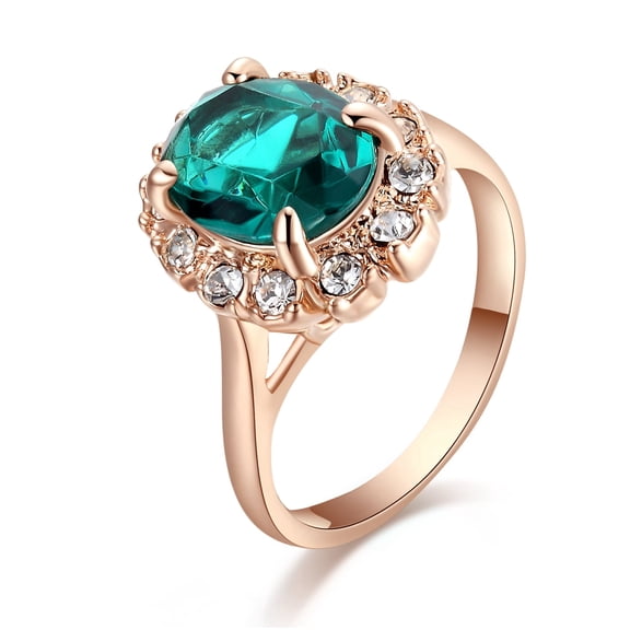Yoursfs Green Crystal Birthstone Rings For Women Large Statement Oval Cut Simulated Emerald Ring 18k Rose Gold Plated Cocktail Rings Costume Jewelry Gifts (Size 9)