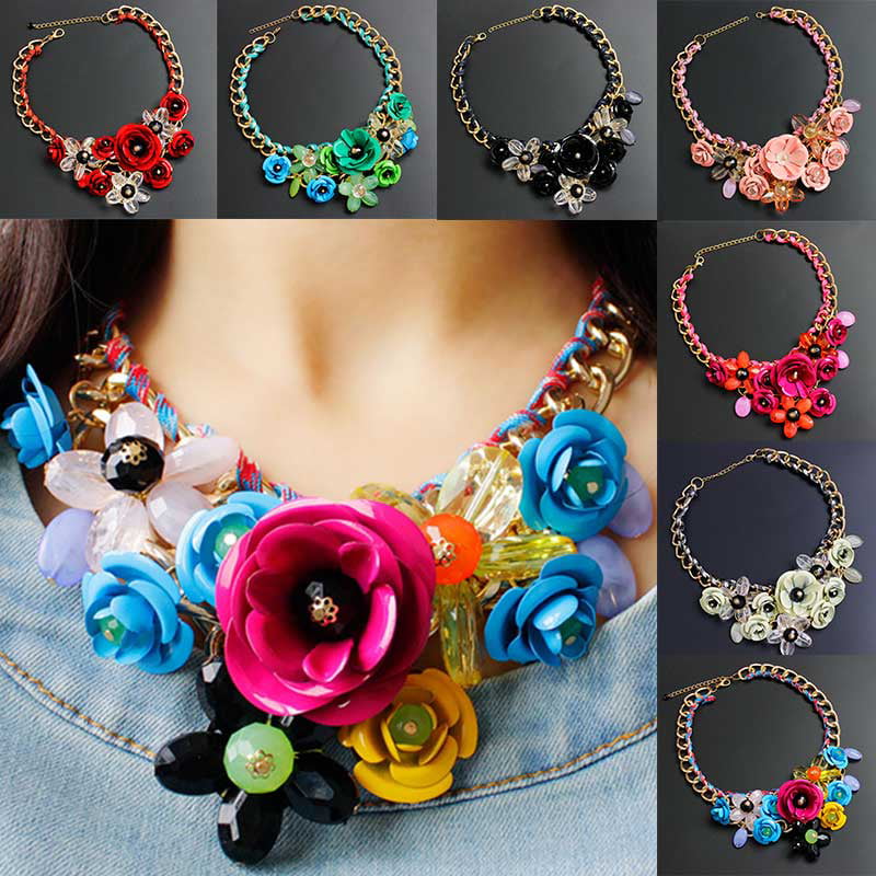 Fashion Women Flower Pendant Bib Choker Chunky Chain Statement Necklace Jewelry 
