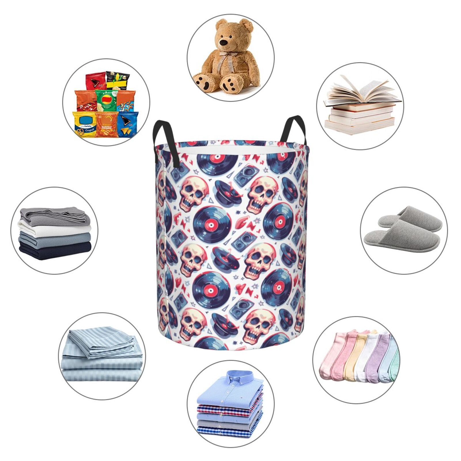 Large Laundry Basket with Handles - record rock music Skull Kids Baby Dirty Clothes Laundry Hamper for Bedroom Aesthetic