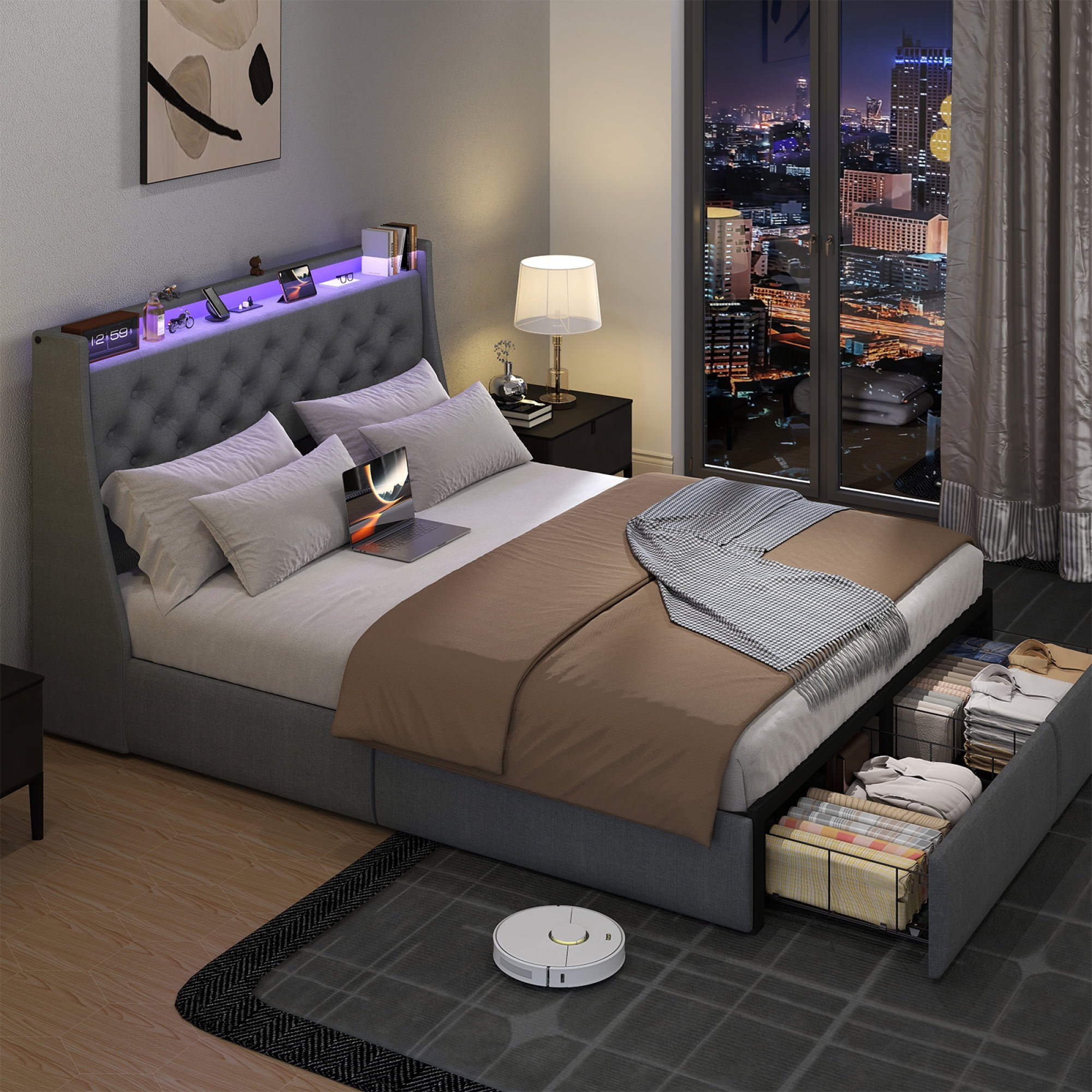 Leumius Queen Size Bed Frame with 2 Storage Drawers & Headboard Shelf, RGB LED Light & AC+USB+Type-C Charging Station for Teen and Adult Grey
