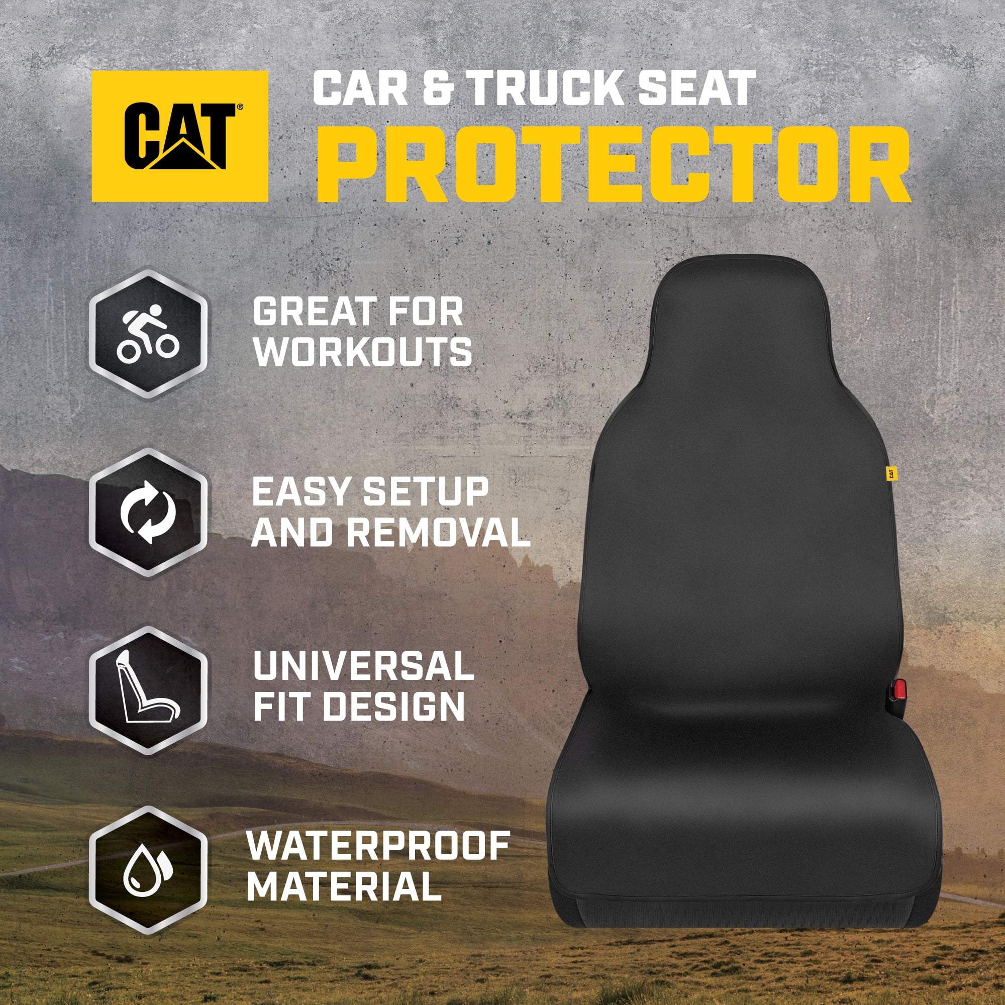 Caterpillar Waterproof Automotive Seat Cover for Cars Trucks and SUVs, 1 Piece  Durable Neoprene Seat Protector for Front Seats, Black Car Seat Cover with Black Trim
