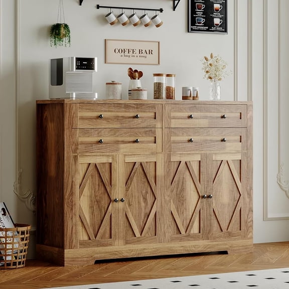 55" Farmhouse Sideboard Buffet Cabinet with Storage, 4 Drawers & 4 Doors, Dark Brown
