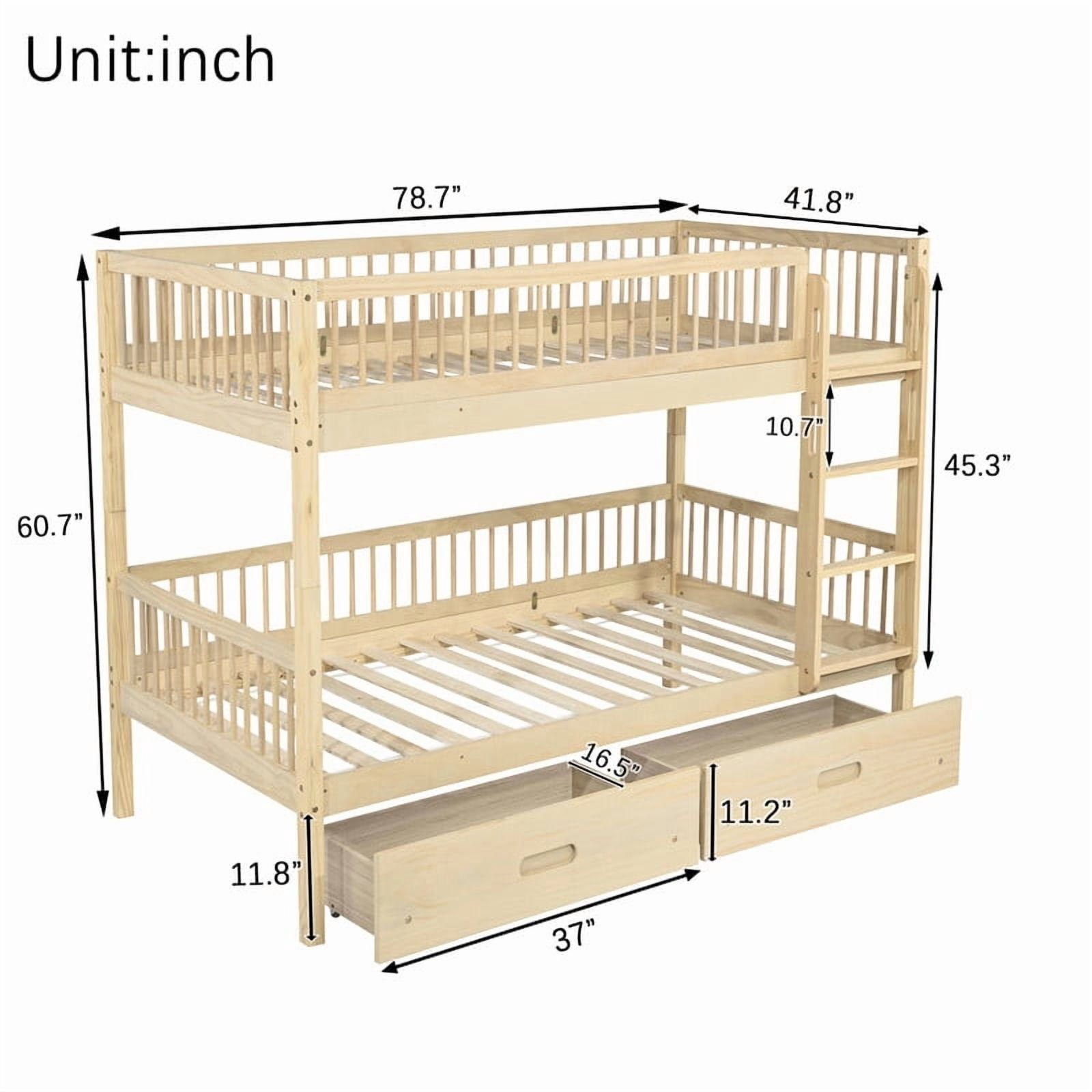Twin-Over-Twin Wood Bunk Bed Convertible into 2 Platform Beds, Kids Storage Bed Frame with 2 Drawers, Ladder & Safety Guardrails