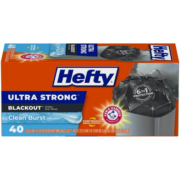 Hefty Ultra Strong 13 DEF29 Gallon Trash Bags, Black Tall Kitchen Trash Bags 13 Gallon Size, Break Resistant Drawstring Enclosure, Continuous Odor Control, Blackout, Clean Burst Scent, 40 Bags