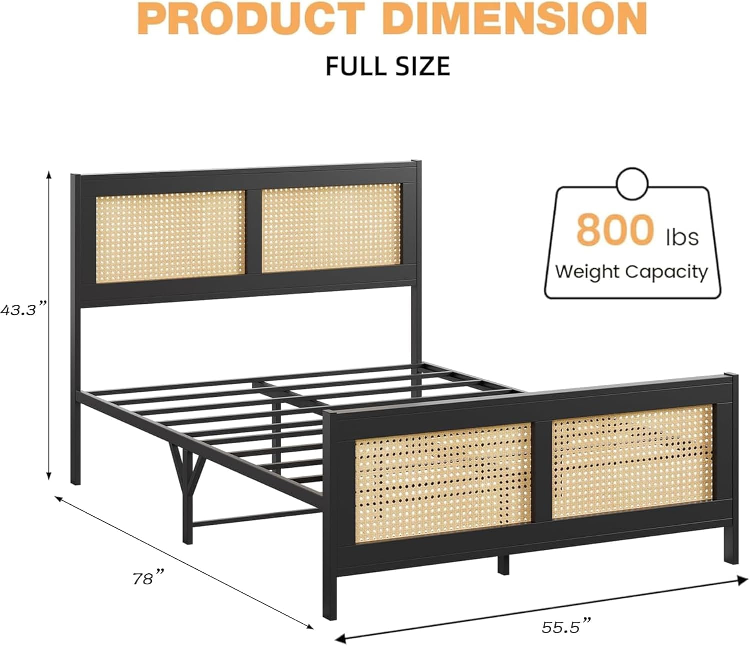 Memoryfield Full Size Bed Frame with Metal Slats Support, Rattan Platform Bed Frame with Headboard, No Box Spring Needed, Black