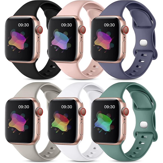Paquete de 6 bandas compatibles con Apple Watch Band 40 mm, 38 mm, 44 mm, 42 mm, 41 mm, 45 mm, mujeres y hombres, pulseras de repuesto de correa deportiva impermeable de silicona suave para