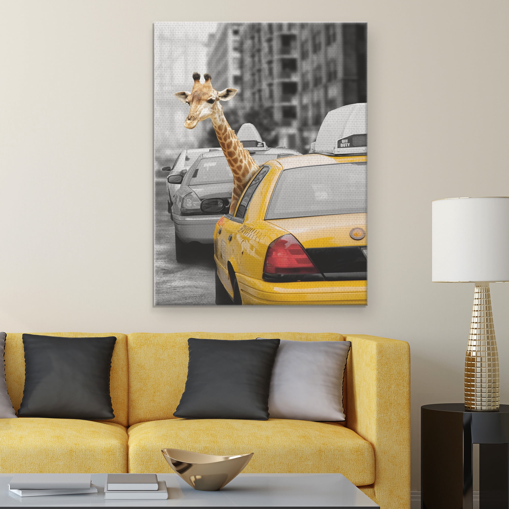 Masterpiece Art Gallery Urban Jungle Giraffe In Taxicab by Belle Maison Canvas Art Print 30" x 40"