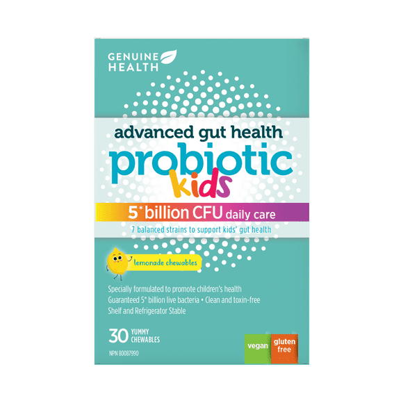 Genuine Health Advanced Gut Health Kid's Probiotic, 30 count, 5 Billion CFU, Natural daily gut health, digestive and immune support for kid, 7 gentle and balanced strains, Lemonade flavour