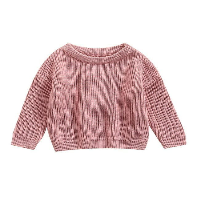 Infant Baby Girl Boy Knit Sweater Solid Color Oversized Crewneck Warm Pullover Sweatshirt Fall Winter Tops. A front-facing view of a pink knit sweater featuring a round crewneck, long sleeves, and a loose fit. The sweater has a ribbed hem and cuffs, designed for warmth and comfort. Suitable for babies aged 3-6 months or 6-9 months, ideal for casual wear, outdoor activities, or special occasions like holidays and photo shoots.