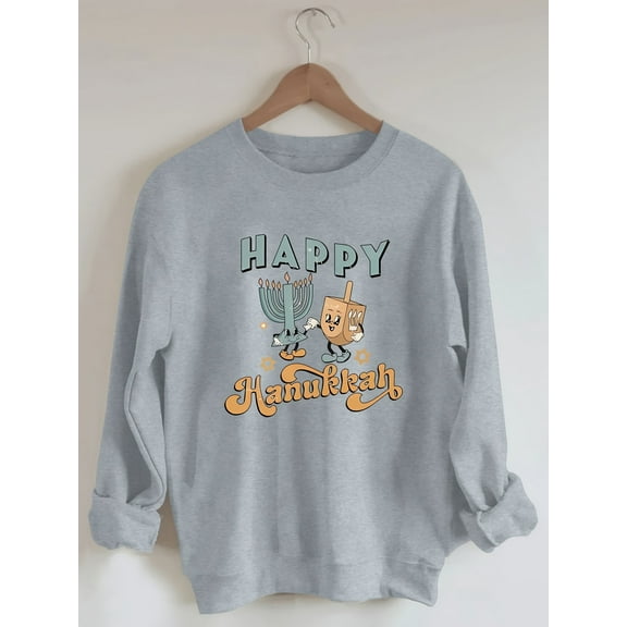 Women'S Plus Size Sweatshirt, Happy Hanukkah Cartoon Print, Long Sleeve, Warm Lined, Soft Stretch Polyester, Crew Neck, Casual Style, Autumn/Winter Pullover