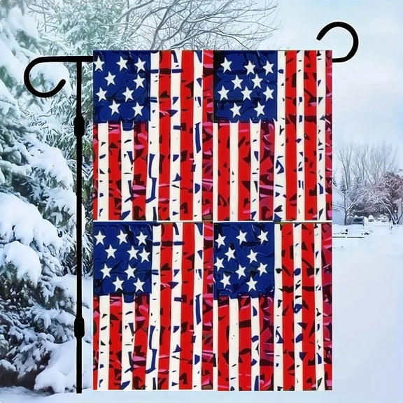 RKSupls Patriotic Linen Double Sided Garden Flag, Independence Day Themed Yard Decor, Four American Flags in Camouflage Style Outdoor Banner for Holiday Lawn