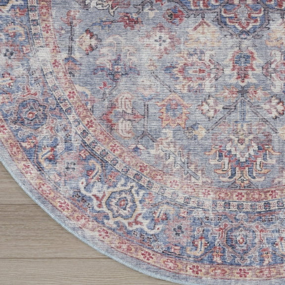 8' Blue and Red Round Floral Power Loom Distressed Area Rug