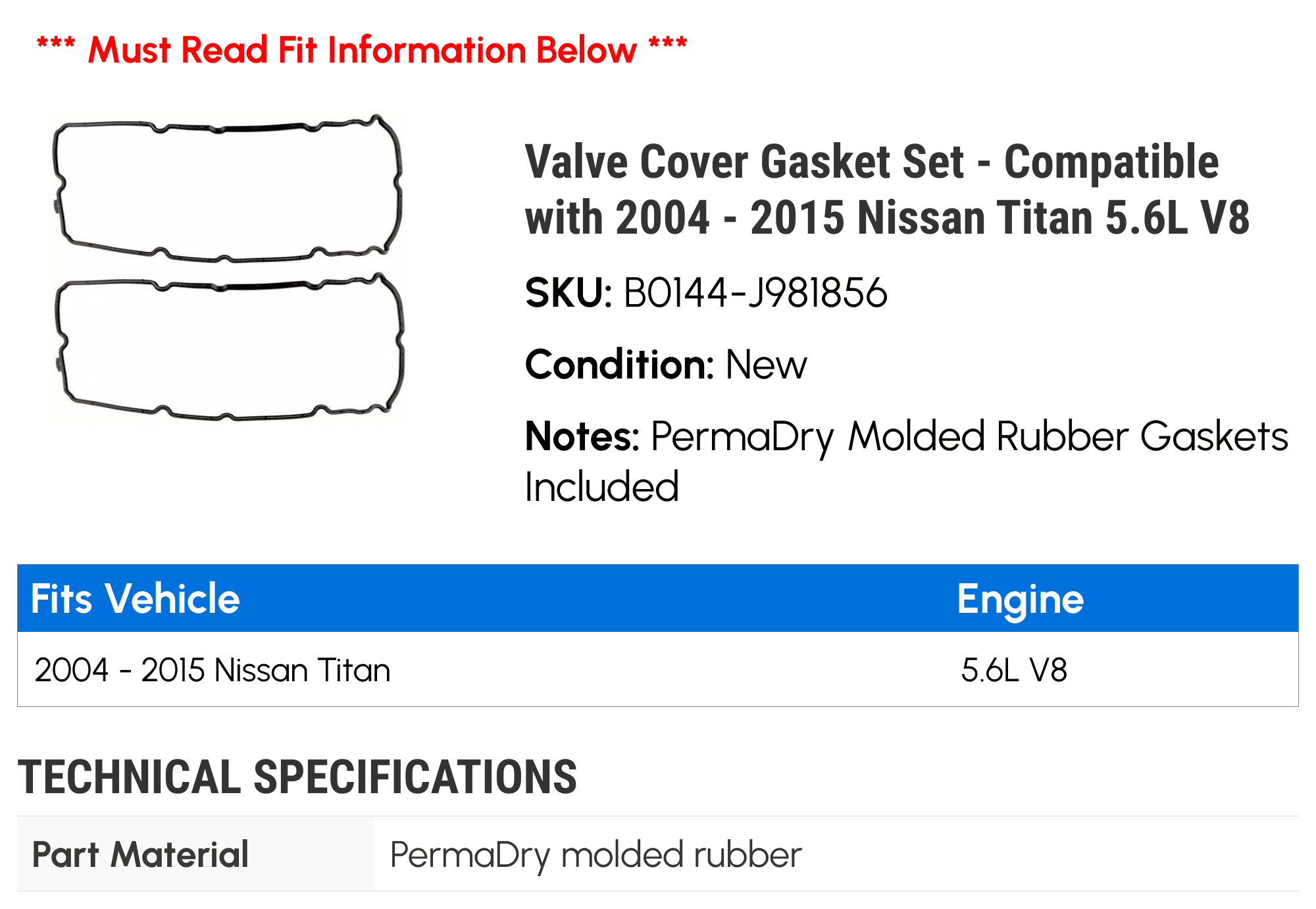 Valve Cover Gasket Set - Compatible with 2004 - 2015 Nissan Titan 5.6L V8 2005 2006 2007 2008 2009 2010 2011 2012 2013 2014