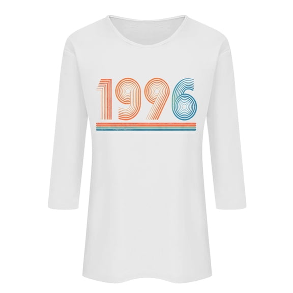 HOMBOM Womens Graphic Tops Summer T-Shirts 3/4 Sleeve White Retro 1996 Print Crew Neck Graphic Tees for Ladies Lightweight