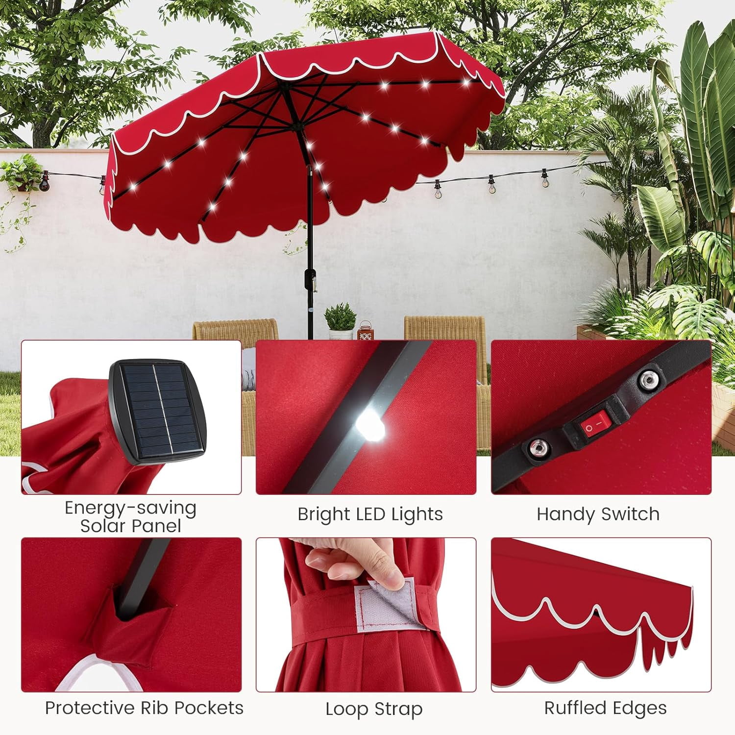 ZYPPP  9 FT Solar Patio Umbrella, 2-Tiers Scalloped Outdoor Table Market Umbrella with 32 LED Lights, Vented Top, Tilt Adjustment, Crank, 8 Ribs for Backyard Poolside Deck Beach Lawn (Red)