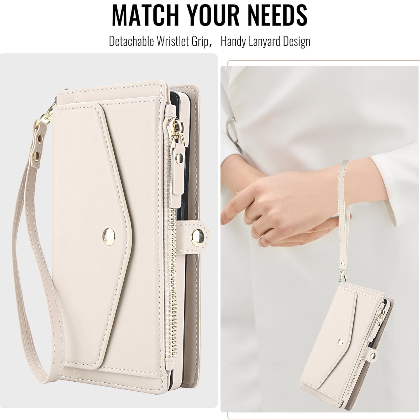 Designed for Samsung Galaxy S24 FE Multi-Function Wallet Phone Case,With Shoulder Strap&Wrist Strap,Cash Pocket&Card Slots,Zipper Purse,Magnetic Detachable PU Leather Flip Phone Case,White