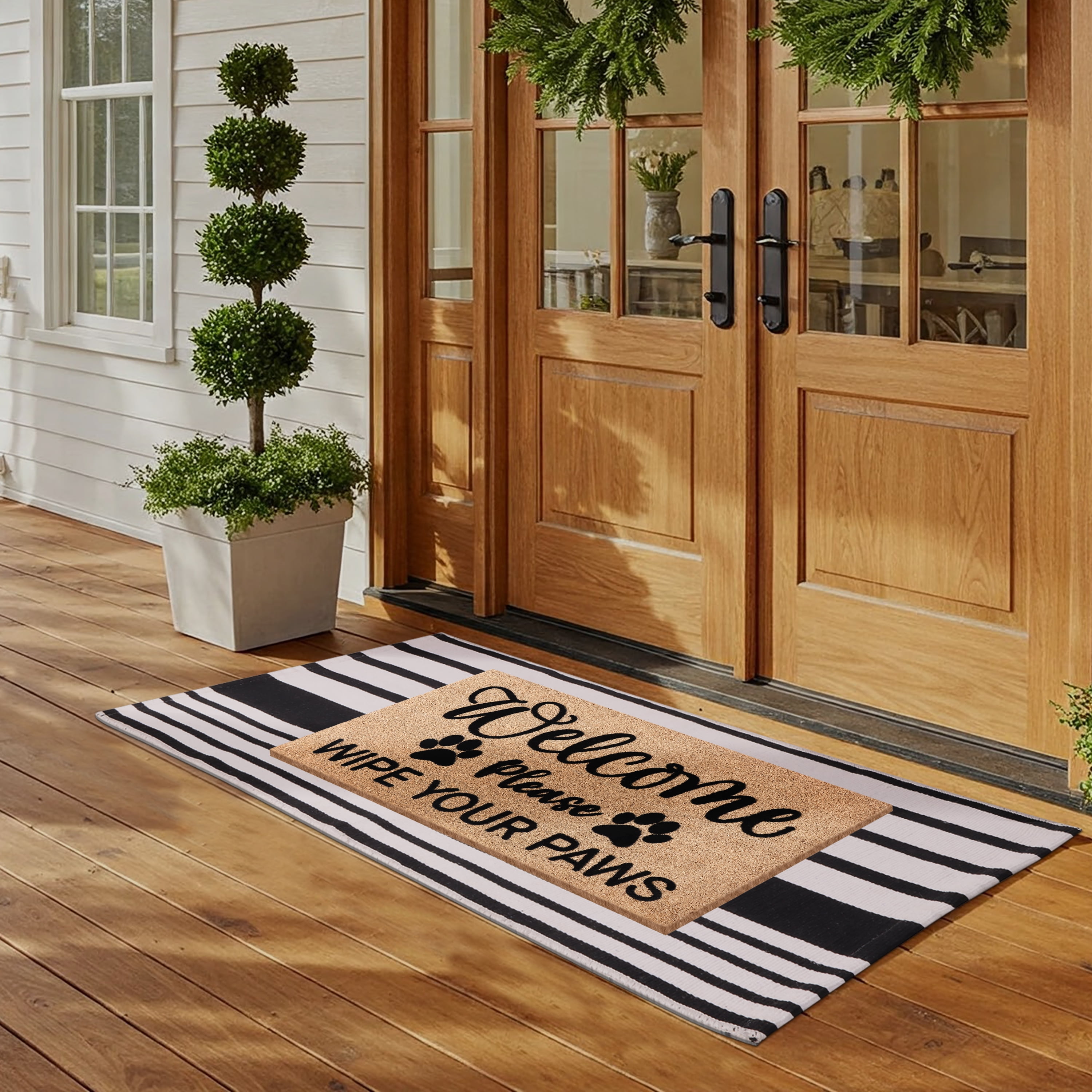 A1HC Coir Welcome Mat and Black & White Striped Cotton Rug Combo Set, 24"x36" & 24"x51", Hand-Woven Washable Entryway Décor