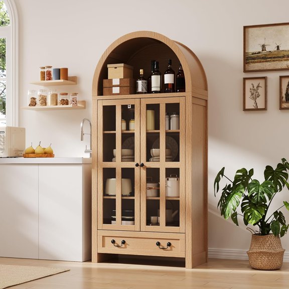 ChooChoo 71" H Tall Arched Bookcase, Modern Arched Bookshelf with Doors, Adjustable Shelves and Drawer, Freestanding Kitchen Pantry Cupboard for Dining Room, Living Room, Office, Natrual
