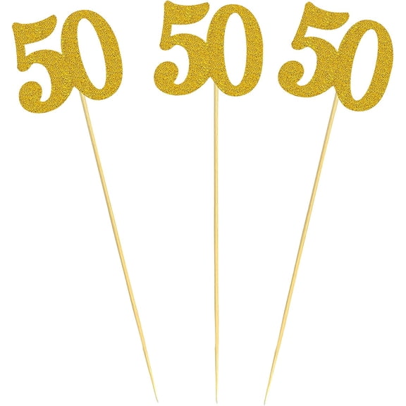 Gold Glitter Number 50 Centerpiece Sticks for 50th Birthday, Anniversary Party Decorations, 12 Pack