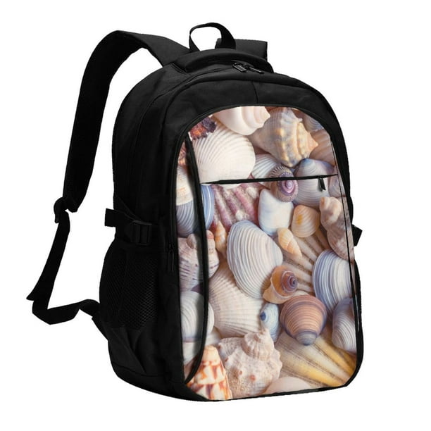 Balery Sea Shells Mochila con carga USB para hombre y mujer - Mochila impermeable y antirrobo para laptop con puerto USB para viajes, trabajo