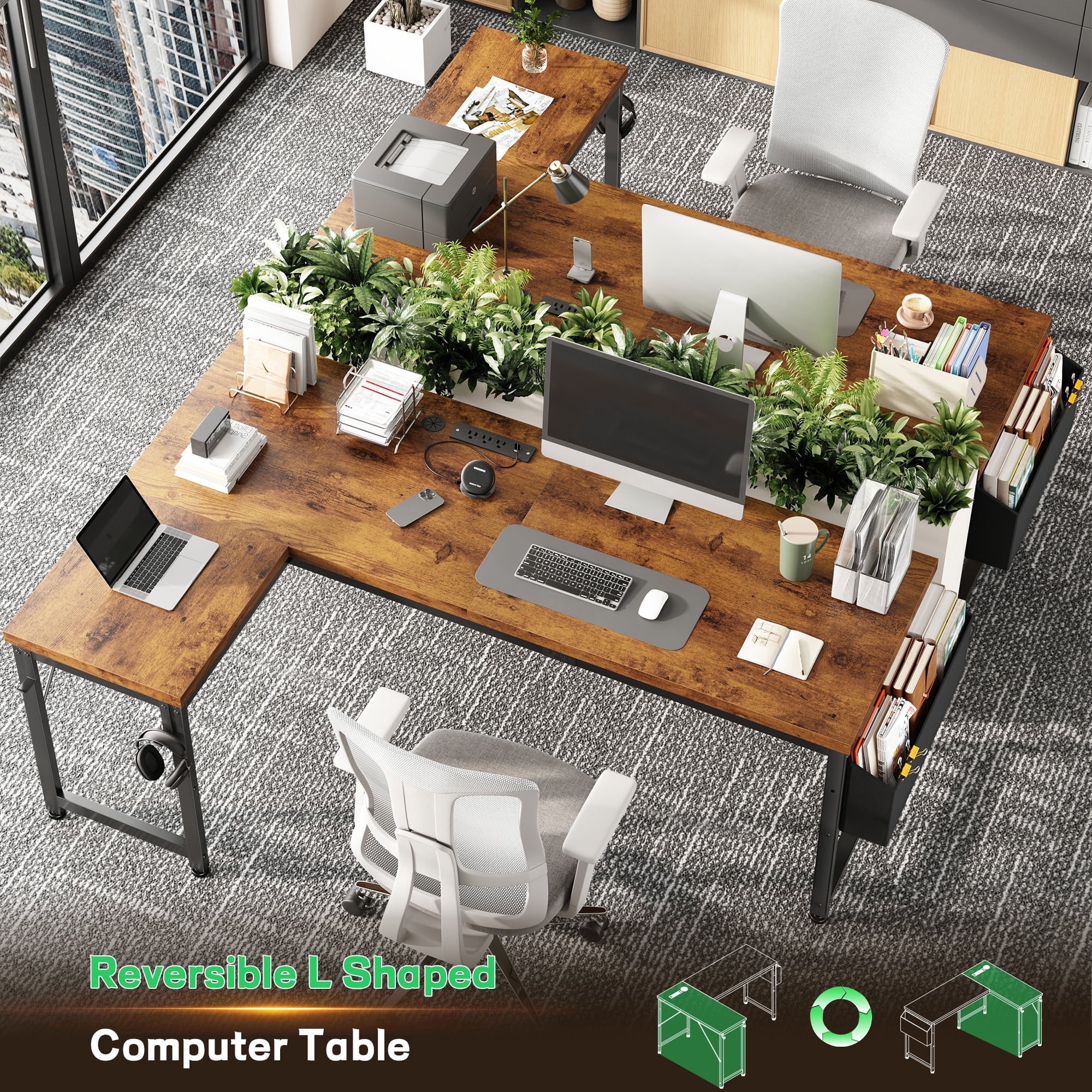 EnHomee Office Desk with Storage L-Shaped Desk with Outlets Gaming Desk with LED Lights for Bedroom,Rustic Brown