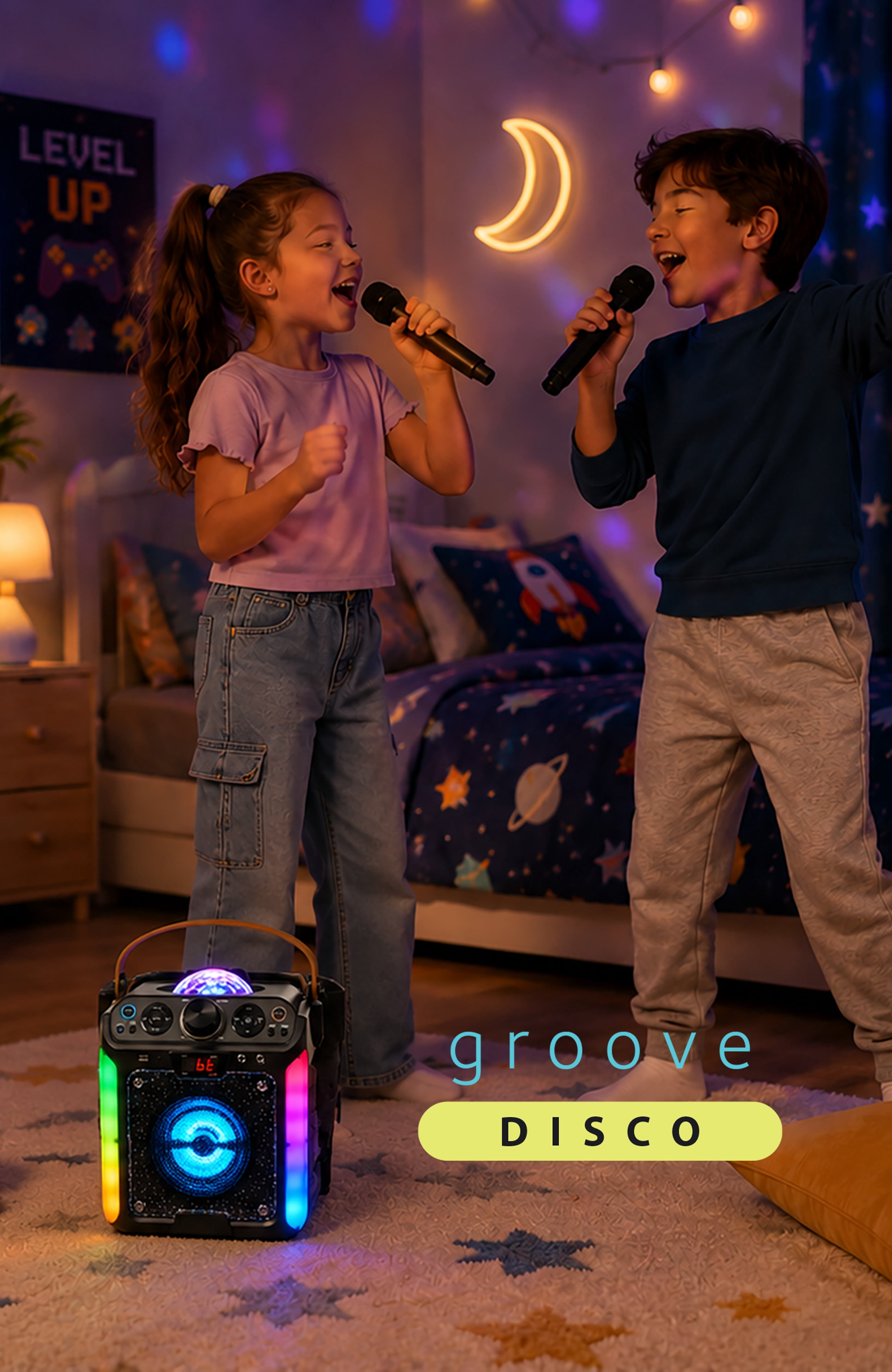 Singing Machine Groove Disco Bluetooth Karaoke Machine, Black with Multi-Color LED Lights
