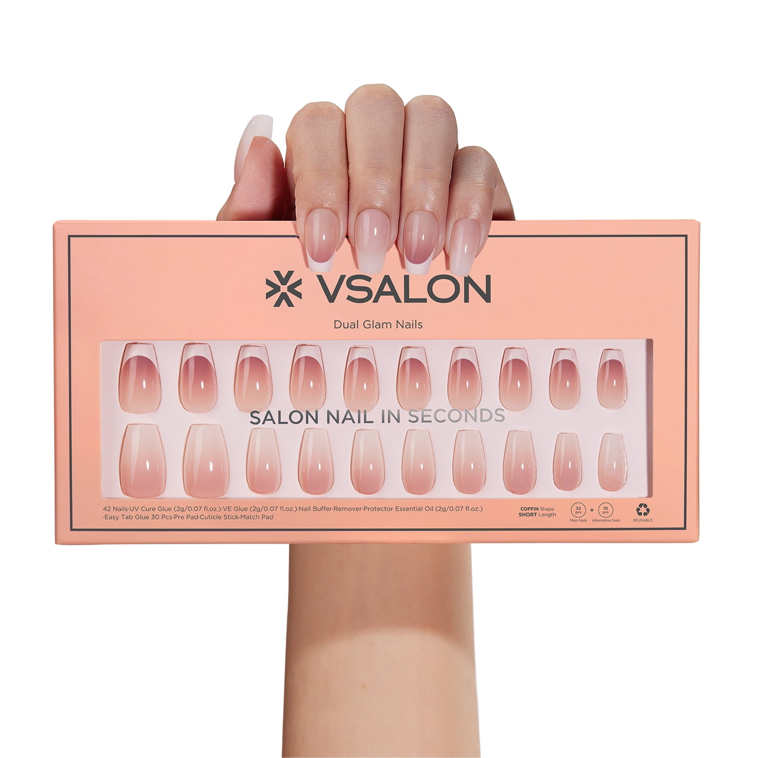 VSALON Press On Nails Short 42 Pcs White Nude Pink French Tip Main Coffin Nail in 16 Sizes With Alternative Nails Reusable Nail Kit UV Glue Easy Tab Nail Glue Remover Summer Gift Home Salon For Women