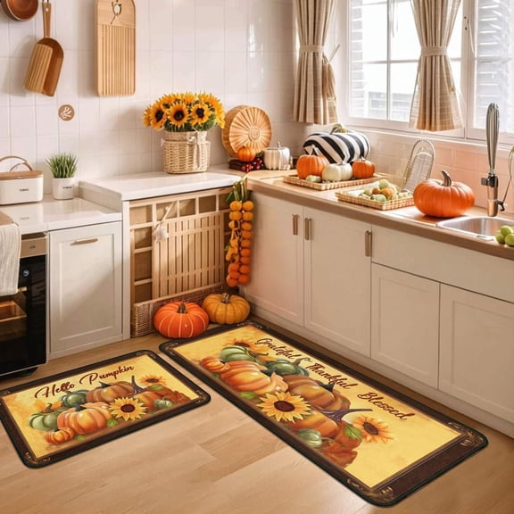 Hello Pumpkin Sunflower Decorative Fall Kitchen Rugs Set of 2,Thanksgiving Autumn Pumpkin Kitchen Mat for Fall Home Holiday Party Decor 17"x47" 17"x30"
