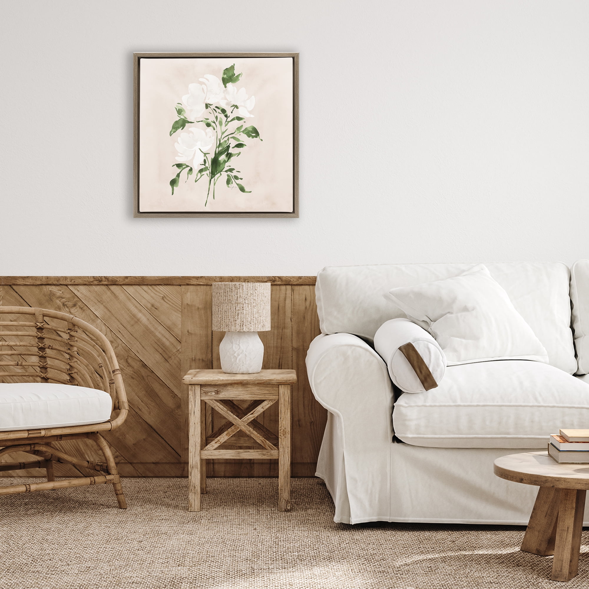 Stupell Industries White On Tan Blossom Brown Framed Floater Canvas Wall Art, design by Lucille Price