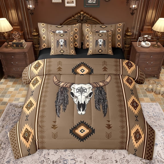 jejeloiu Retro Bull Skull 7-Piece Twin Bedding Sets,Rustic Western Aztec Bedding Comforter Set,Bohemian Geometric Rhombus Sheet Sets For Boys Kids,Microfiber Bedroom Decor Reversible