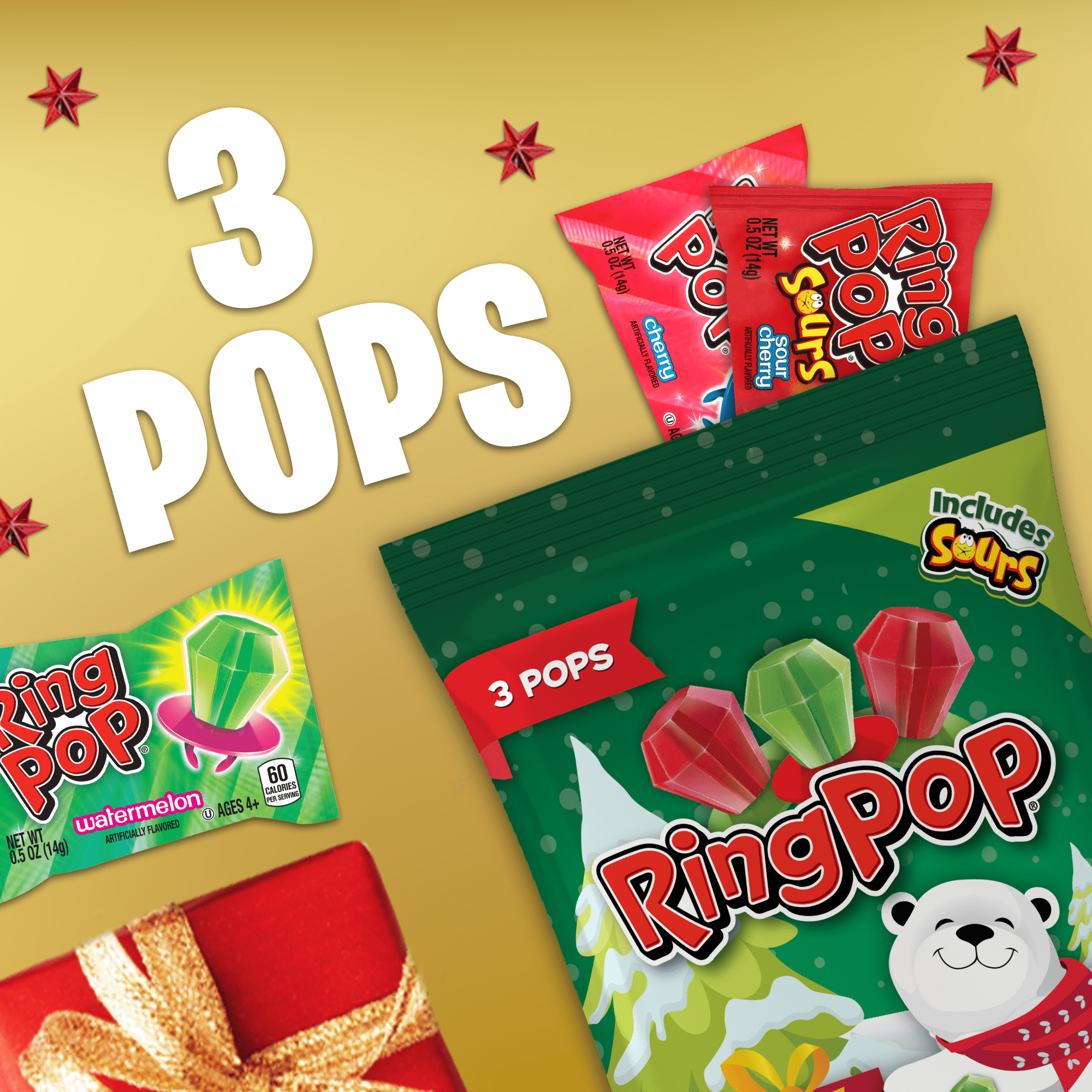 (3 pack) Ring Pop, Holiday Lollipops, Sour Cherry, Watermelon, and Cherry Flavored , Sucker Candy, 1.0 oz, Bag