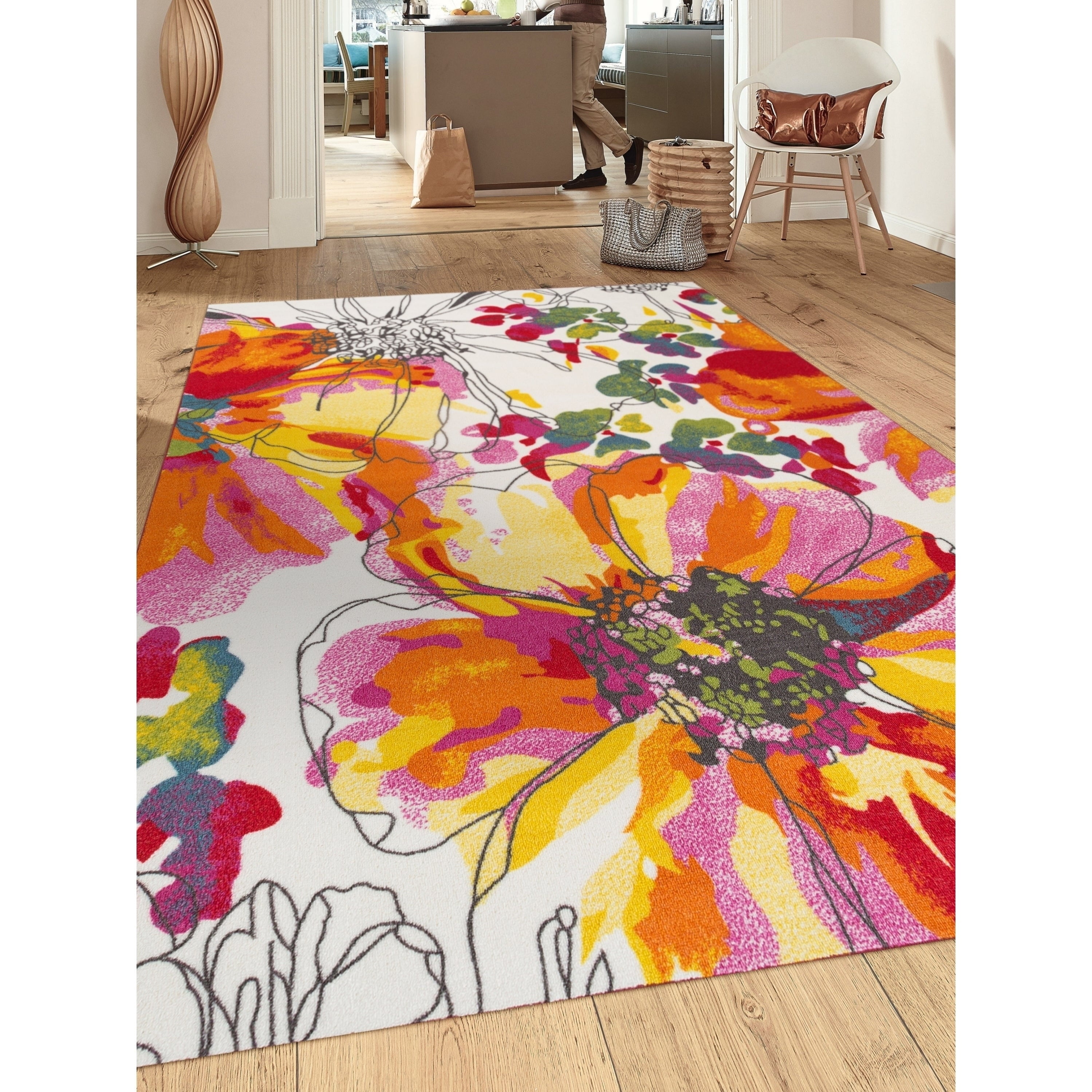 Contemporary Bright Flowers NonSlip (NonSkid) Multi 6'6" x 9' Indoor