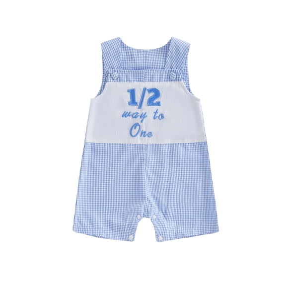 BemeyourBBs Infant Baby Boys 1/2 Birthday Outfit Plaid Romper Overalls Half Way To One Outfits Letter Embroidery Plaid Sleeveless Square Collar Jumpsuit Summer Clothes