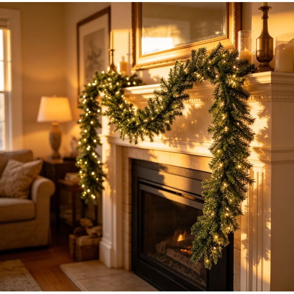 Christmas Garland with Lights Pre-Lit with Pine Cones and 50 LED Lights for Front Door and Mantle Decoration 9 ft