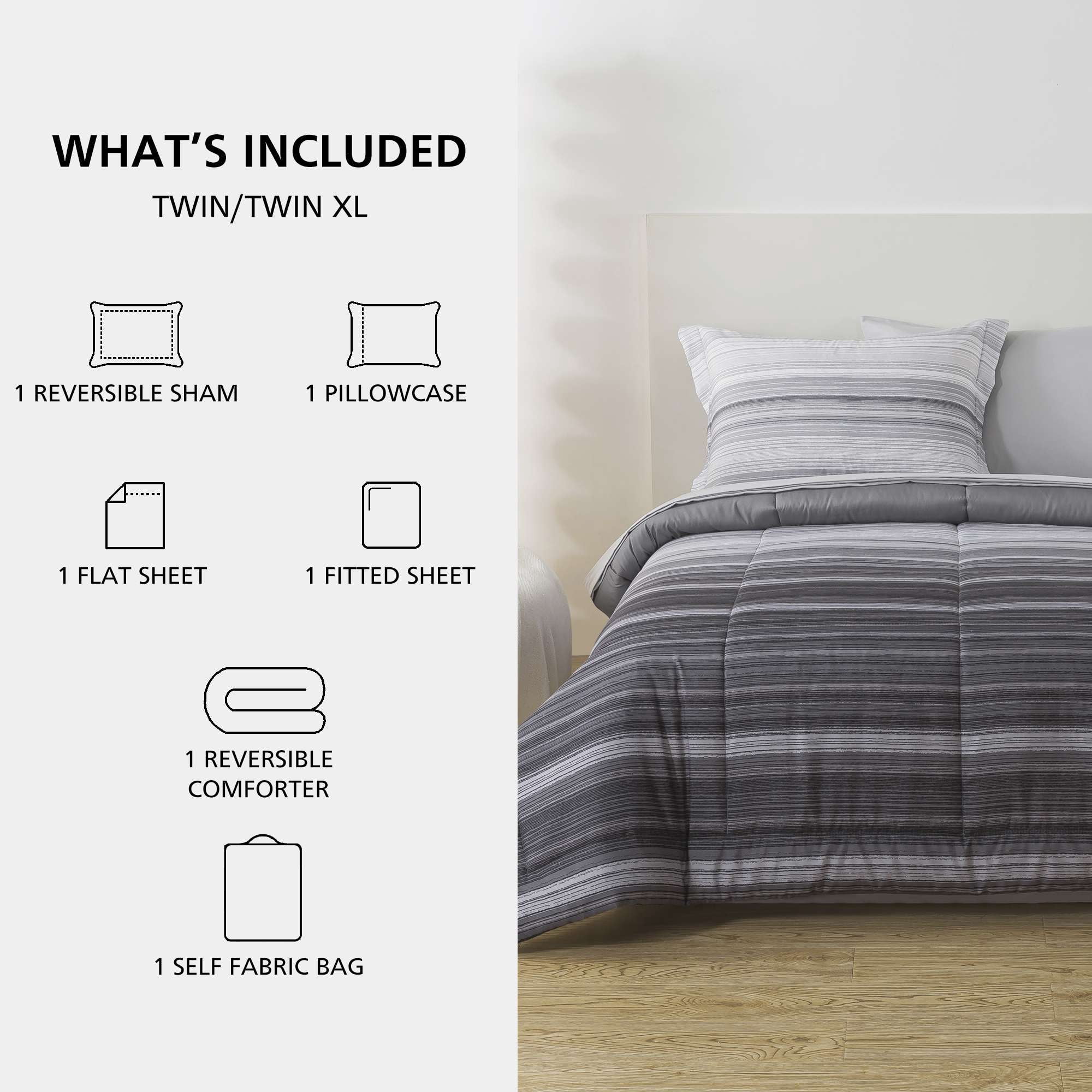 Mainstays All in One Reversible Comforter and Sheet Set, 5-Piece, Twin, Gray Stripe
