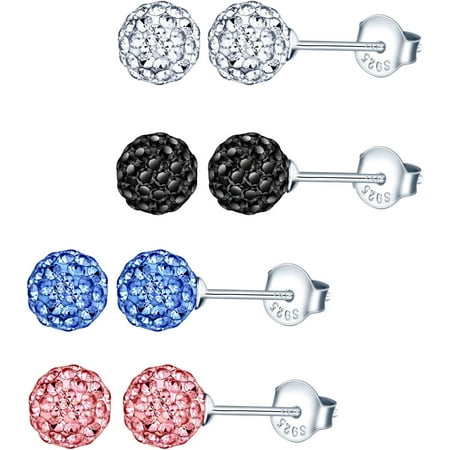 Women's 925 Genuine Sterling Silver Stud Earrings 6 mm 8 mm Crystal Ball Earrings, Silver[a783]