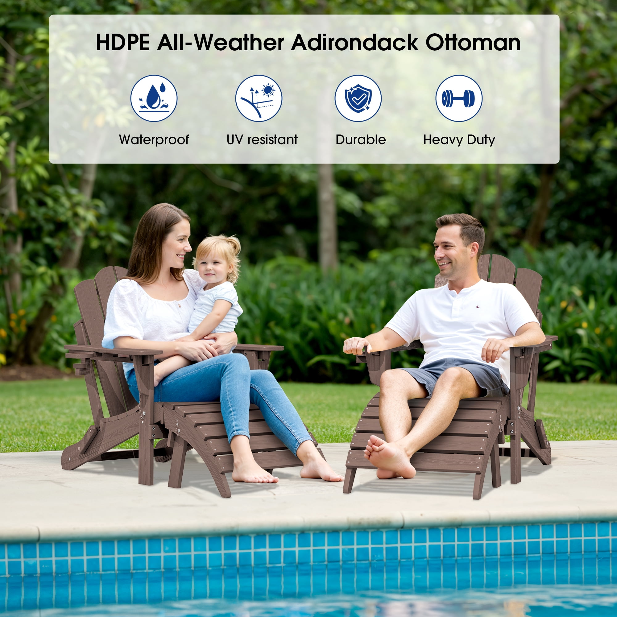 KINGYES Folding Adirondack Ottoman Set of 2, HDPE Outdoor Foot Rest, Plastic Adirondack Footstool for Adirondack Chairs, Coffee