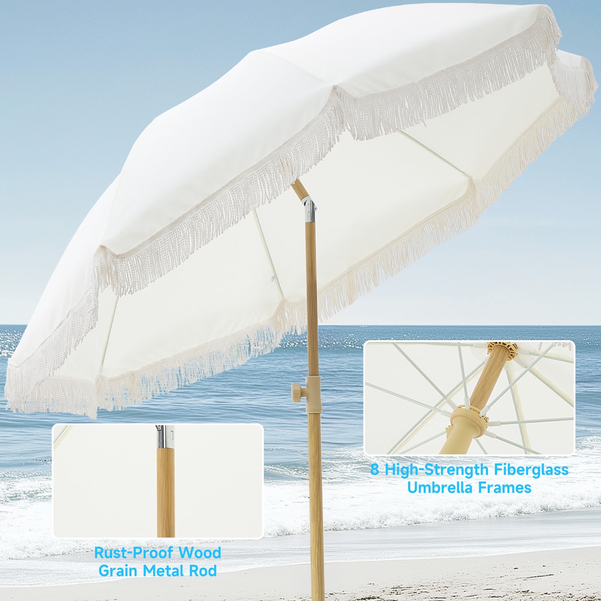 7FT Boho Patio Umbrella with Fringe, UPF50+ Outdoor Umbrella with Fiberglass Ribs and Push Button Tilt, Tassels Umbrella for Beach, Terrace, Picnic