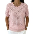 thumbnail image 4 of WCJM Ribbed Knit Lace Spliced Top Women Short Sleeve Rolled Cuff Casual Vacation T Shirt (Pink,M), 4 of 5