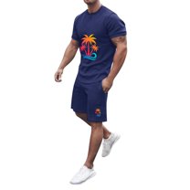 Baqcunre Track Suits For Men Set Men Summer Outfit Beach Short Sleeve Printed Shirt Short Suit Shirt Pants Suit With Pockets Hawaiian Shirt For Men Tops For Men Blue S