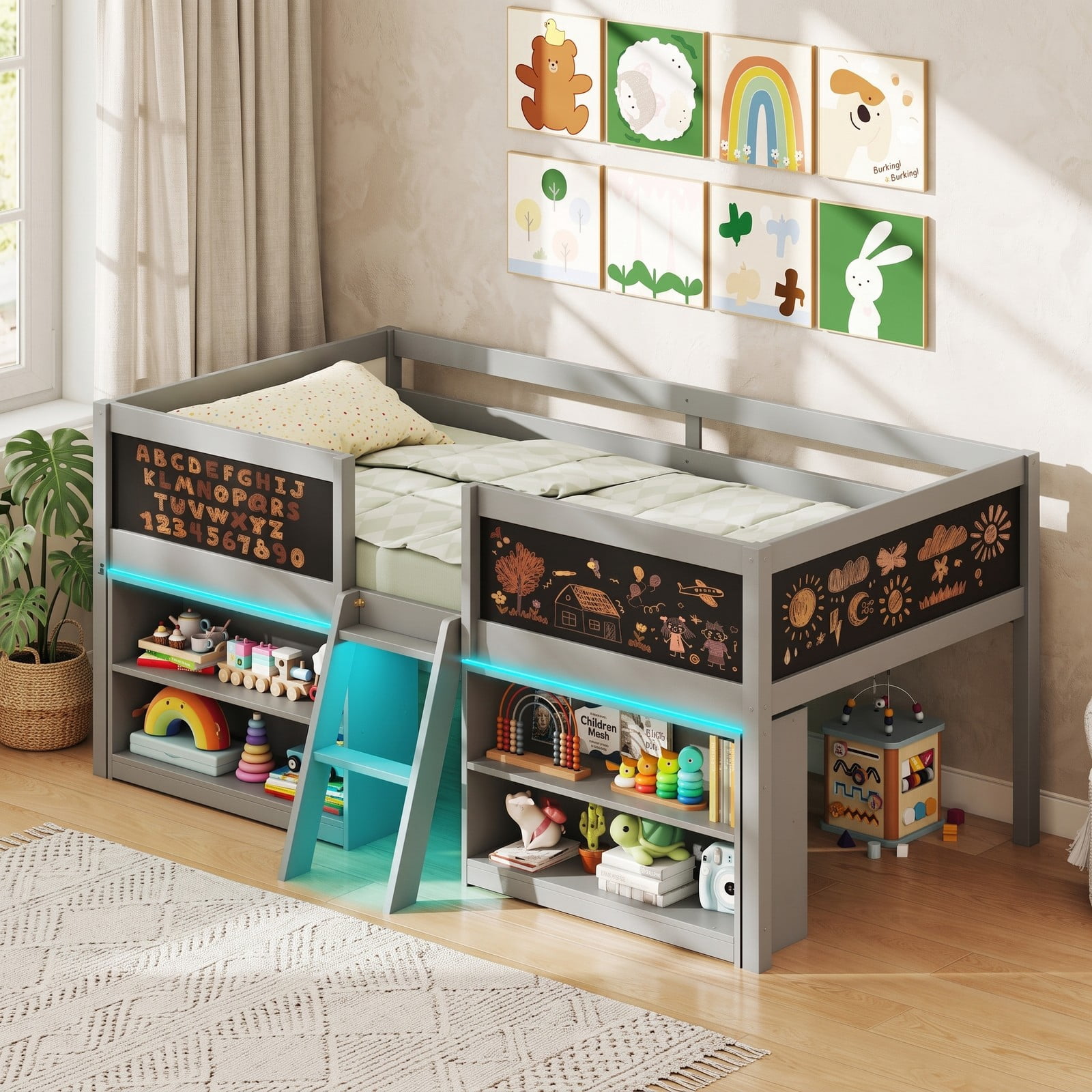 Furnibear Low Loft Bed with LED Lights and Bookcases for Kids Bedroom, Space-Saving Wood Cabin Bed with Storage Shelves and Chalkboard, Gray