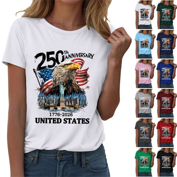 felwors Women's 250th Anniversary USA T-Shirt 1776-2026 Patriotic Eagle Flag Graphic Tee – Plus Size American Independence Day Top (Sky Blue, M)