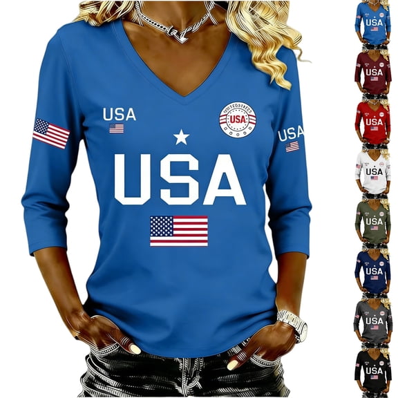 250th Anniversary USA Shirt for Women 1776-2026 Patriotic V Neck 3/4 Sleeve Tee American Flag Graphic Tops, 250th Anniversary Independent Day Womens Tops, 4th of July America Clothes Army Green L