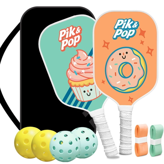 Pickleball Paddle Set 2 Fiberglass Rackets Polypropylene Core Includes 4 Balls Handbag 2 Grip Tapes Doughnut Ice cream Pattern Gift For Girl
