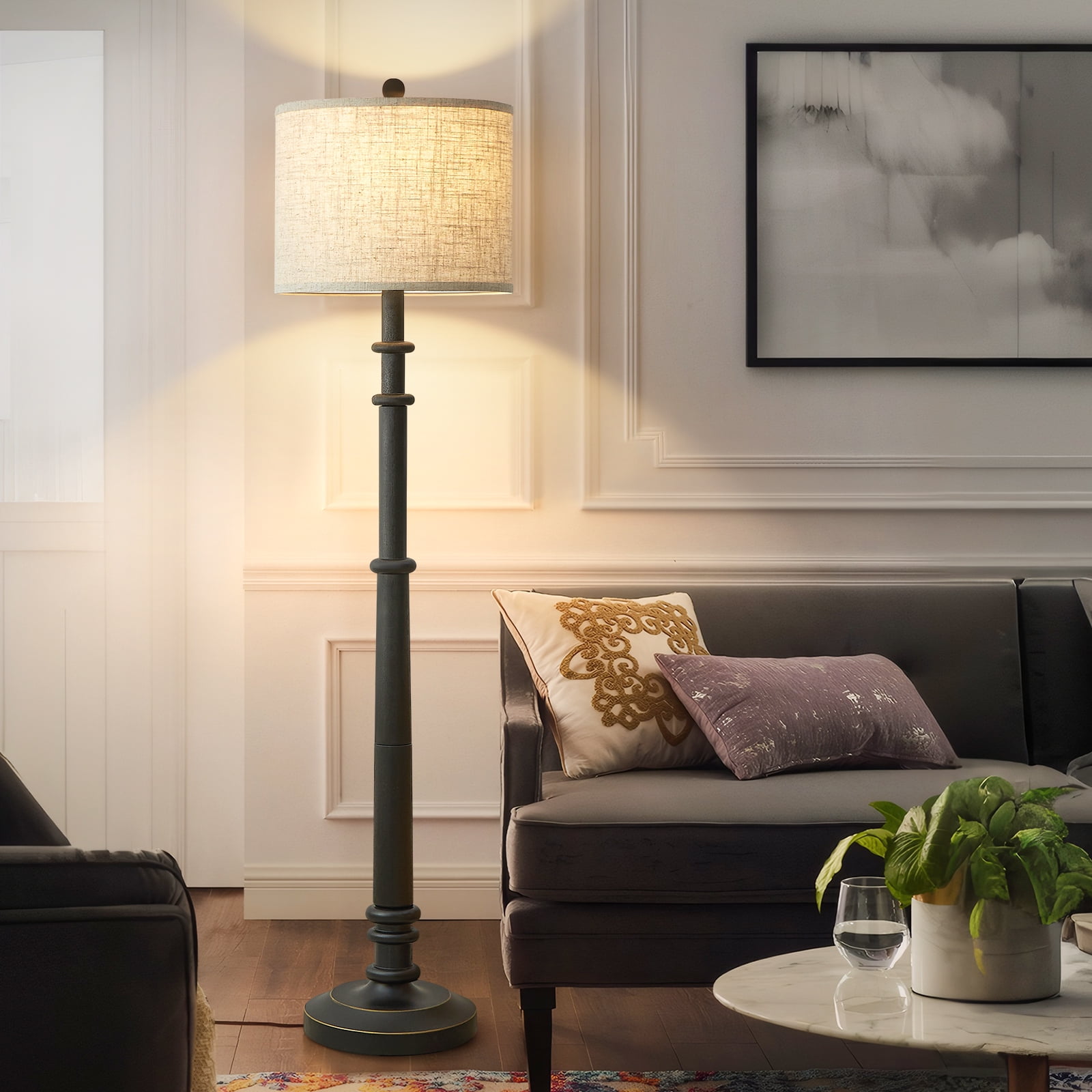 NATYSWAN Floor Lamps for Living Room,60" Vintage Farmhouse Floor Lamp 3-Color Temperature Standing Lamps with Linen Shade Rustic Retro Tall Light for Bedroom Office