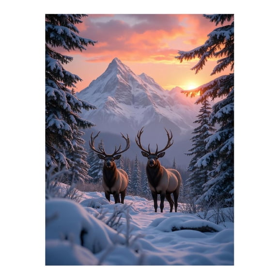 Diamond Art Kits for Adults, Elk Snowy Mountain Sunset Scene 5D Diamond Painting Kits for Adults Beginners, DIY Full Drill Diamond Painting, Gem Art and Crafts 12x16