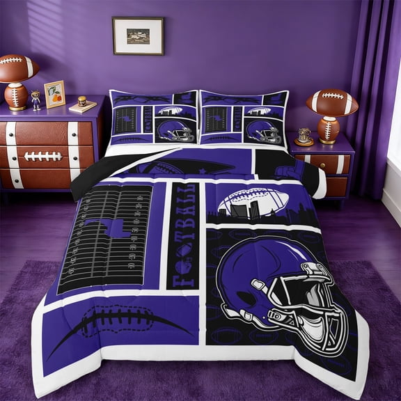 jejeloiu American Rugby Ball Twin Comforter Sets,Purple Football Helmet Bedding Set For Bots Teens Reversible 2 Pieces