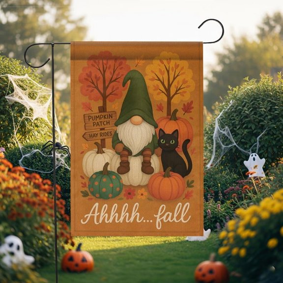 TiniDecor Fall Gnome & Cat Garden Flag – 12”x18” Autumn Pumpkin Yard Sign, Rustic Outdoor Decor