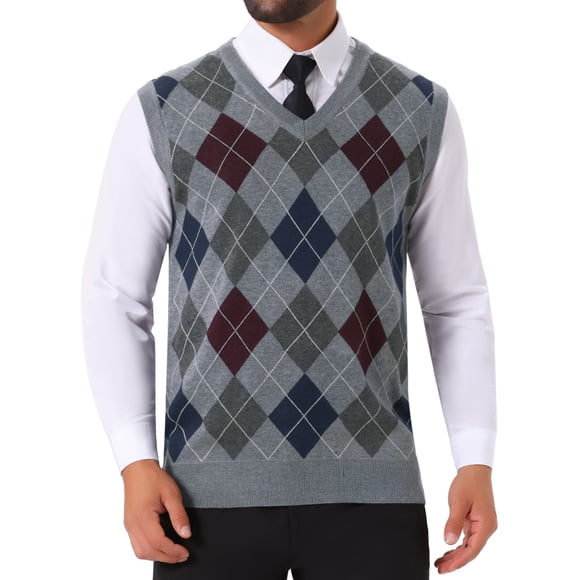 INSPIRE CHIC Suéter sin mangas de punto de cuello en V a cuadros argyle para hombre XL Gris claro